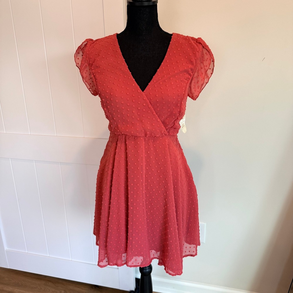 NWT Altar'd State Reiter Rose Dark Swiss Dot Faux Wrap Mini Dress Womens Small